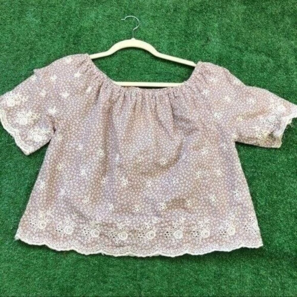Taupe floral embroidered cotton Off the shoulder top Size M - Picture 3 of 6
